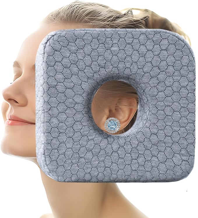 Ear Pillow with Ear Piercing for Side Sleeping, Ear Hole Memory Foam Pillows for CNH and Ear Pain Ear Inflammation Pressure Sores, Travel, Gray