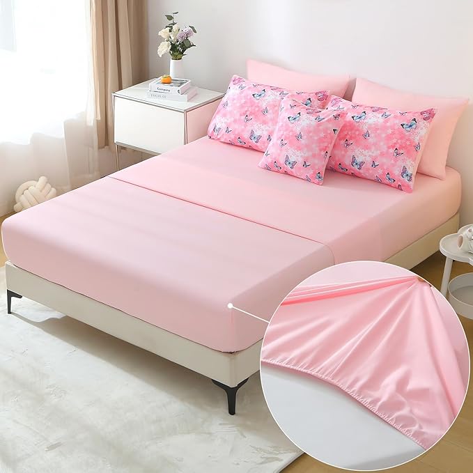 JQinHome 6 Piece Butterfly Comforter Set Twin, 3D Pink Flower Printed Butterfly Bedding Set,All Season Microfiber Butterfly Theme Home Decor Bedding for Girls with Sheet Sets(Pink)