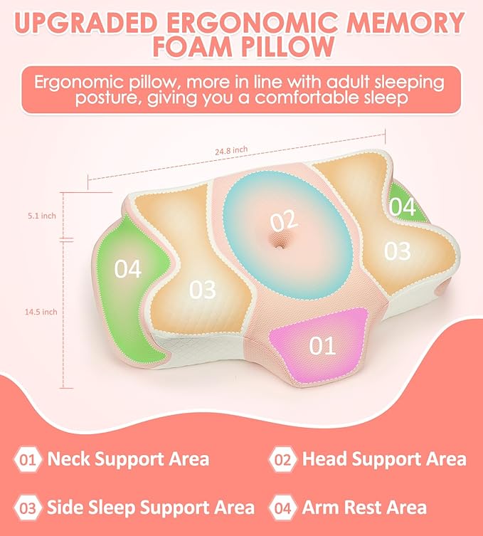 Cervical Pillow for Neck Pain Relief, Memory Foam Pillow for Sleepin, Ergonomic Contour Pillows, Orthopedic Pillow with Washable Pillowcase, for Side Back Stomach Sleepers (Pink)