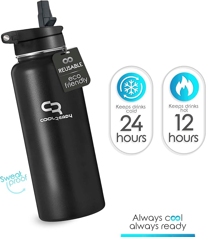 40oz Stainless Metal Black Water Bottle with Straw - Handle Lid, Thermos Coffee Travel Lid and Chug Lid - Double Walled Steel Sports Bottle - Work Out Bottle – Leak Proof -