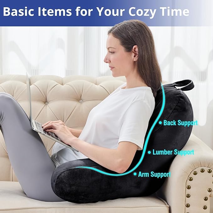 Sasttie Reading Pillow for Sitting in Bed Adult, Velvet Back Pillow for Bed Sitting Up, Backrest Back Support Chair Pillow, College Dorm Essentials for Girls and Boys, Black