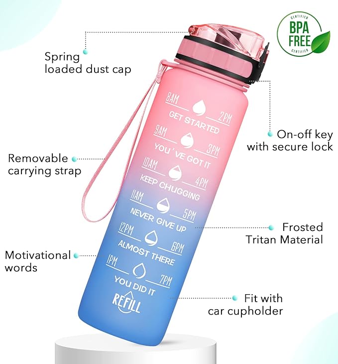 32oz Motivational Water Bottle with Time Marker & Fruit Strainer, Leak-proof BPA Free Non-Toxic Bottle with Carrying Strap, Perfect for Fitness, Gym and Outdoor Sports