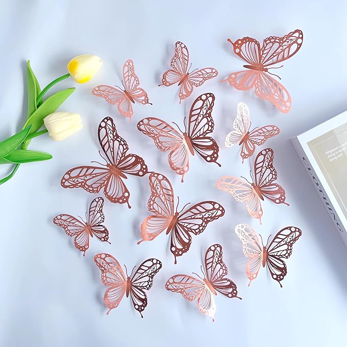 3D Butterfly Wall Decor 3 Sizes 4 Styles, Kurilai 48Pcs Butterfly Decorations Party Birthday Cake Decoration, Removable Wall Stickers for Kids Nursery Wedding Bedroom Room Decor (Rose Gold)