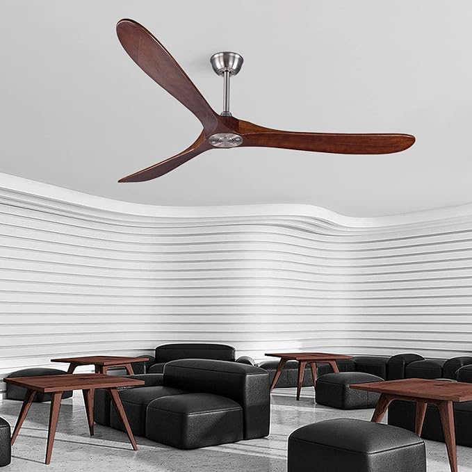 Bigzone 70" Outdoor Ceiling Fan with Remote No Light, 3 Wood Blades, Brushed Nickel Finish, Reversible Wood Ceiling Fan