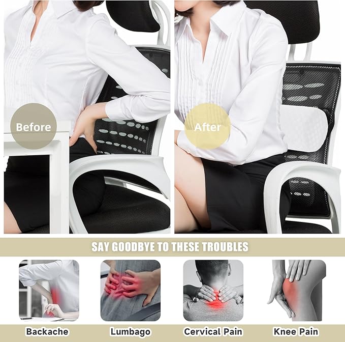 Lumbar Roll Pillow for Lower Back, Lumbar Support Foam Roll Cushion with Pillowcase and Upgraded Strap for Office, Chair, Car, Seat Pain Relief & Improving Posture (White grid, Long-15*4.3'')