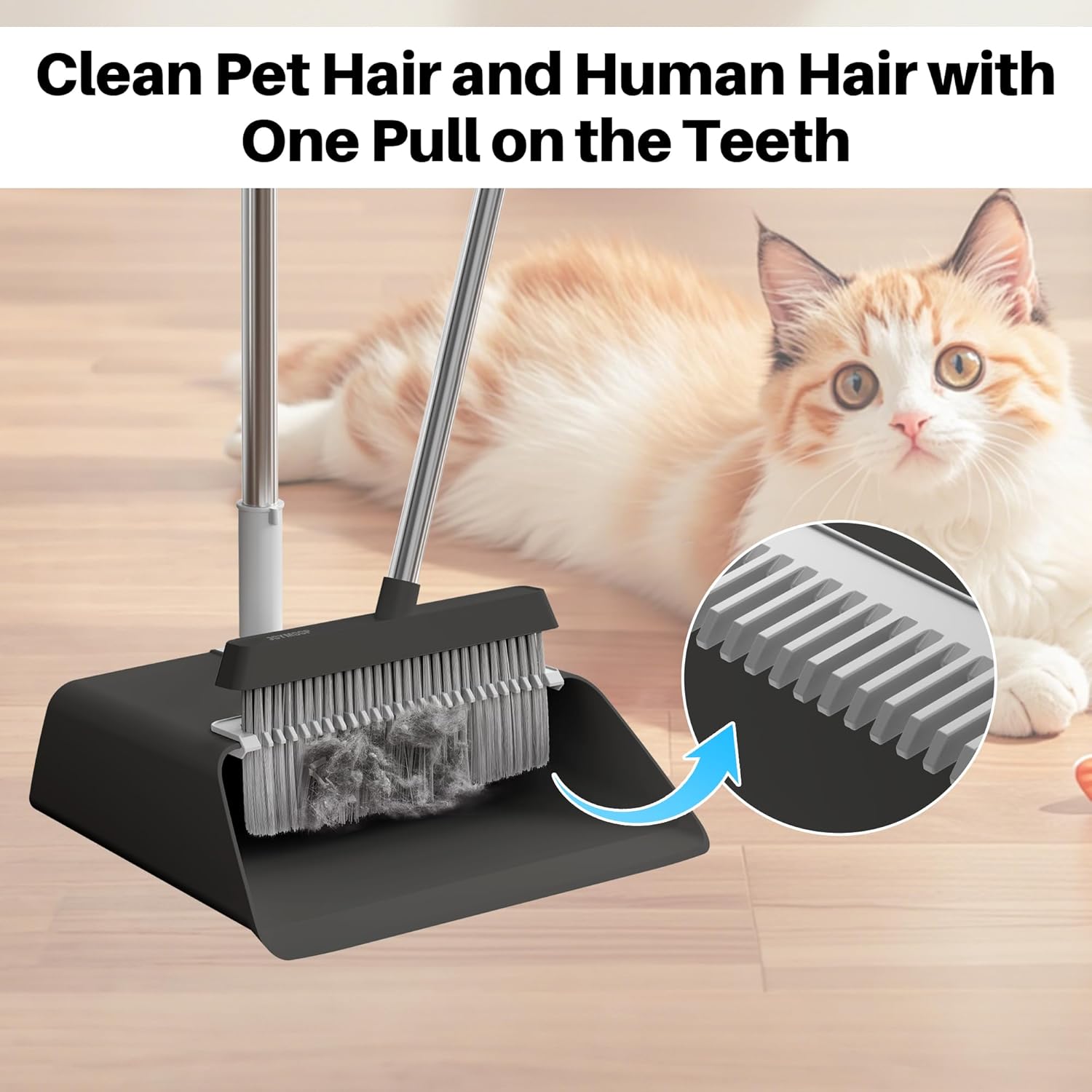 JOYMOOP 2 Pack Broom and Dustpan Set, Black and White Combo, Upright Angle with Built-in Comb Teeth for Pet Hair and Hard Floors