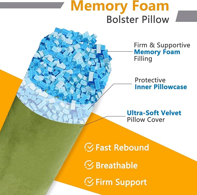 Body Pillow, Memory Foam Body Pillows for Adults Sleeping, Decorative Bolster Pillow for Bed & Couch, Long Cylinder Tube Round Pillow, 24x7.87 Inches, Set of 2 (Green)