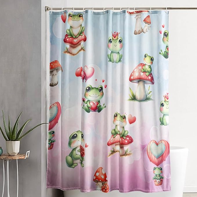 AILONEN Cartoon Frog Shower Curtain,Green Frog with Red Mushroom Roses Bathroom Curtain for Kids Boys Girls,Kawaii Amphibian Animal Waterproof Fabric Shower Curtains for Bathroom,36" W*72" H