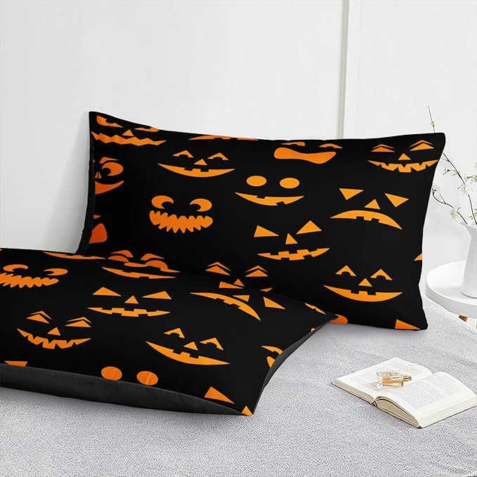 Bedbay Halloween Queen Comforter Set Black Orange Ghost Bedding Set for Kids Boys 4 Pcs Soft and Breathable Comforter Halloween Room Decor(Orange,Queen)
