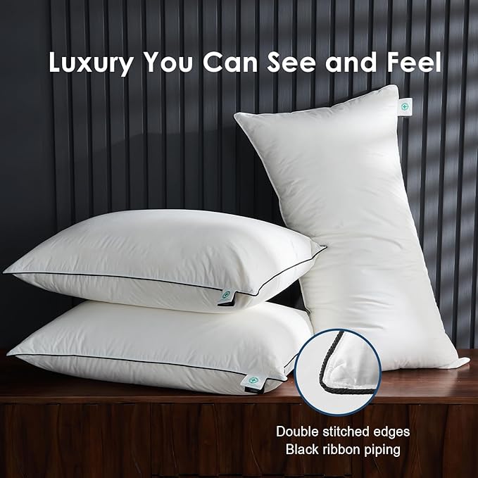 Hotel Feather Pillows Queen Size, Hybrid Goose Down Pillow Composite with Mef tek™ Memory Foam, Firm Bed Pillows with Organic Cotton Cover (White,20"x30")