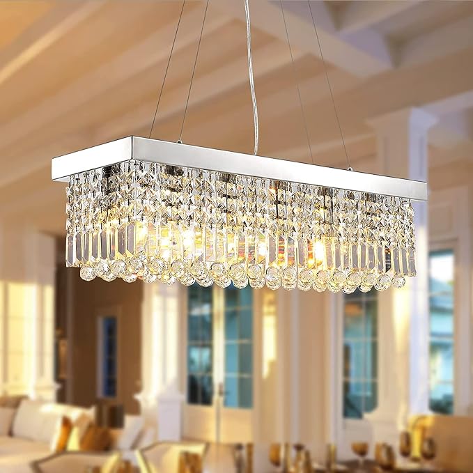 Siljoy 6-Light Modern Crystal Chandelier for Dining Room, Rectangular K9 Crystal Raindrop Chandelier, Rectangle Pendant Ceiling Light Fixture for Living Room Kitchen Island L31.5'' x W10'' x H10''