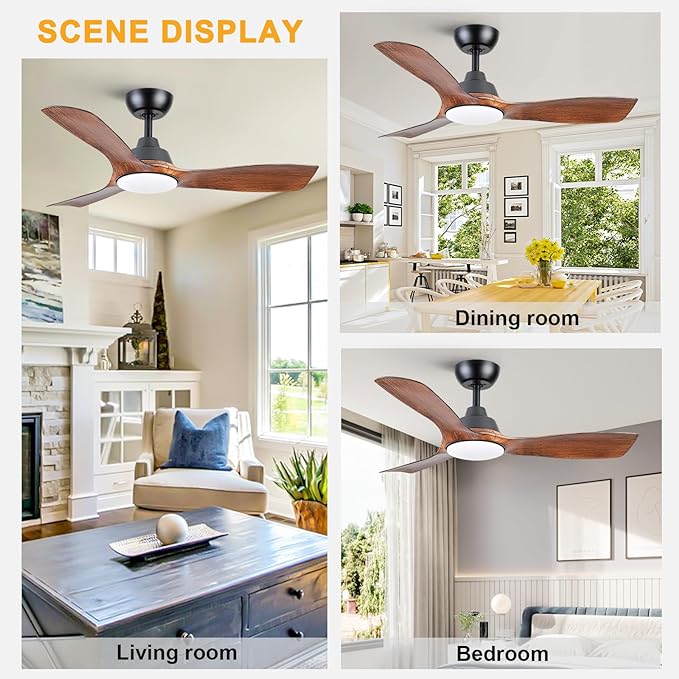 Sevenine Ceiling Fan with Light,Wood Brown Ceiling Fan,3 Blades,Downrod,6 Speed Adjustable,Dimmable LED,3 Timers,Reversible DC Motor, for Patio Living Room Bedroom Dining Room (Wood Brown, 42Inch)