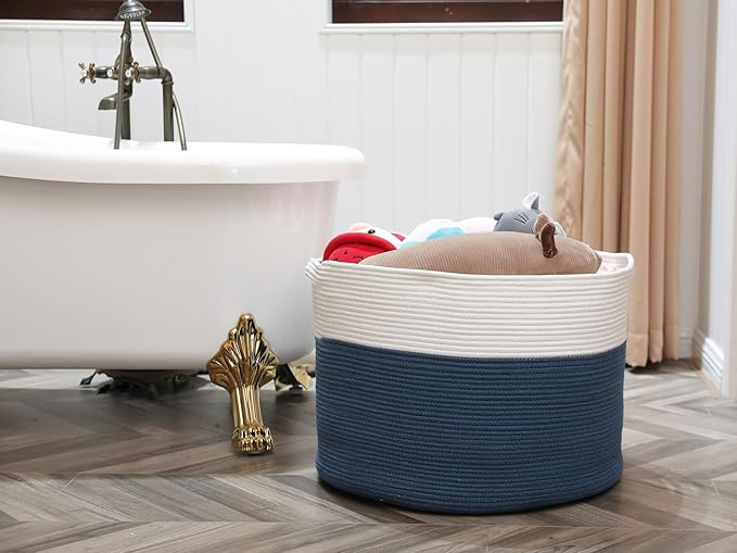 24" x 24" x 17" Max Size Large Cotton Rope Basket, Extra Large Storage Basket, Woven Laundry Hamper, Cloth Storage Bin, for Blankets Clothes Towels Pillows in Living Room, Dark Blue