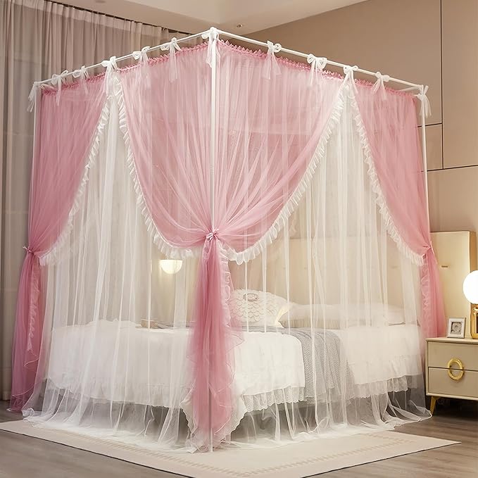 4 Corners Post Princess Curtain Bed Canopy Lace Up Double Layer 4 Opening Mosquito Net Mesh for Girls Bedroom Decoration(Pink/White, 64" W*82" L*82" H/Queen)