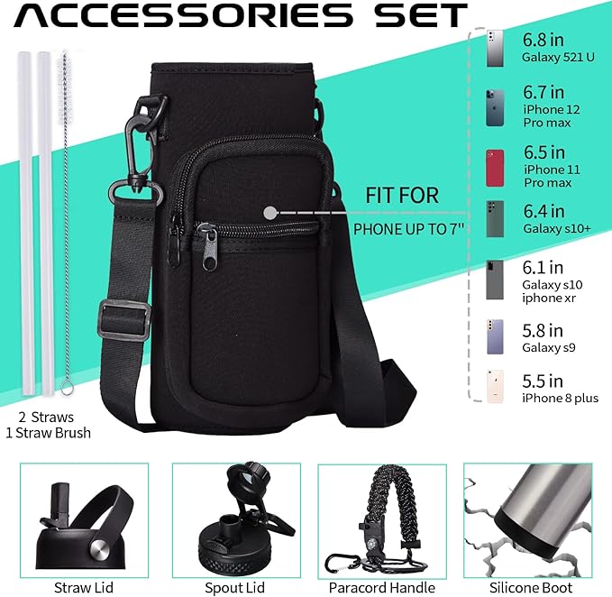 40oz Stainless Steel Water Bottle - Wide Mouth Vacuum Insulated Metal Water Bottle with Straw Lid & Paracord Handle, Sweat-Proof Water Flask Thermo Metal Mug with Strap for Gym Camping Hiking