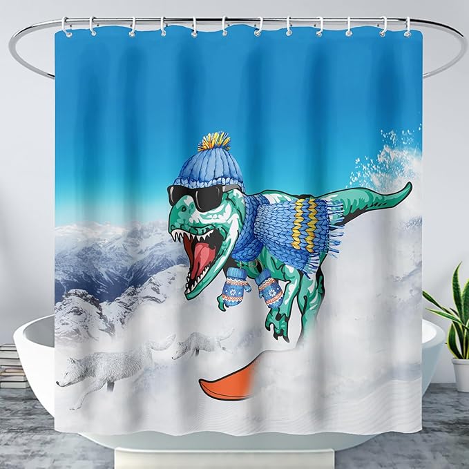 AILONEN Dinosaur Shower Curtain for Boys,Snow Wolf Shower Curtain, 48" W*72" H Waterproof Dino and Wolf Animals Themed Decor Bathroom with Grommets and Hooks
