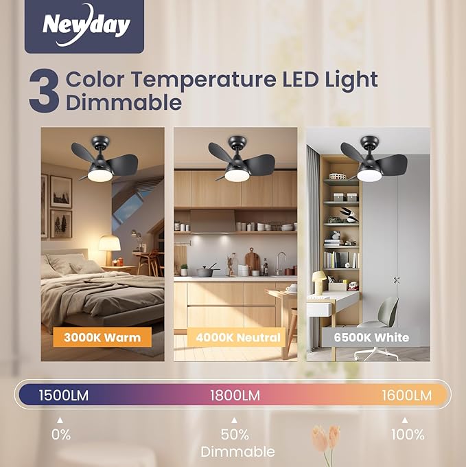Newday Ceiling Fan with Lights Remote Control, 22 inch Quiet DC Motor Small Ceiling Fans, Dimmable Ceiling Fan for Bedroom, Kids Room, Kitchen (Black)