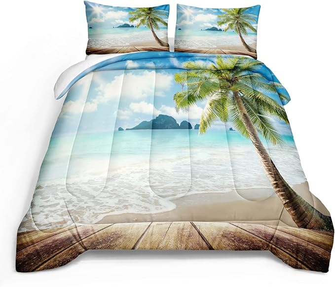 Bedbay Coastal Beach Comforter Set King Beach Themed Comforter Bedding Set Tropical Palm Tree Quilt Set 4 Pcs Beach Room Decor Sunny Beach Coastal Bedding Set King Duvet Set (Beach,King)