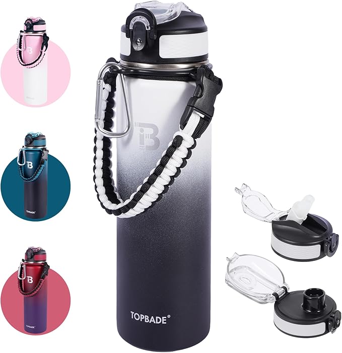 32oz Insulated Water Bottle with Straw Lid & Spout Lid & Paracord Handle, Stainless Steel Water Bottle Wide Mouth, Double Wall for Women Men Gym Fitness Outdoor