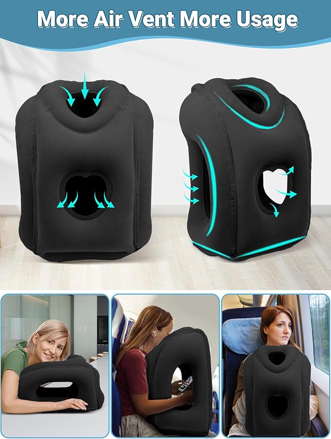 Maliton Inflatable Travel Pillow for Airplane Comfortable Sleeping to Relieve Neck and Shoulder Pain, Support Head Inflatable Pillow for Long Flights, Used for Airplanes, Cars, Trains, Office(Black)