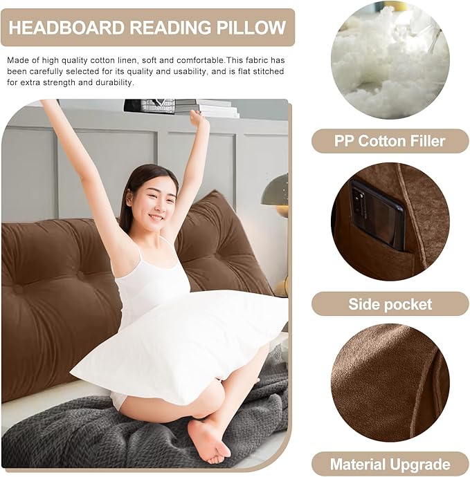 Large Triangular Headboard Pillows Long Backrest Positioning Support Bolster Cushion for Daybed Fluffy Quality Plush Body Wedge Pillow with Removable Cover(Dark brown-King-76x8x20in)
