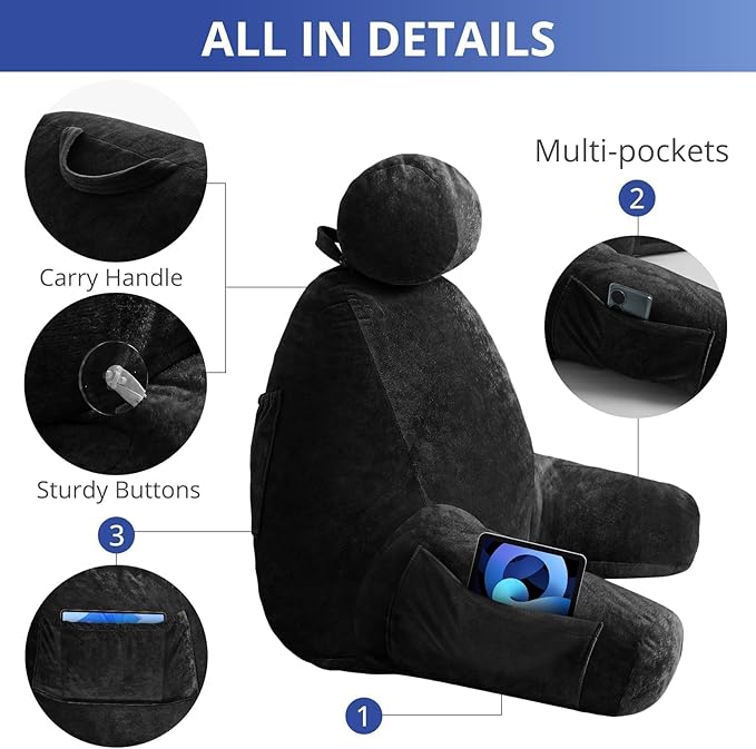 Sasttie Reading Pillow for Sitting in Bed Adult, Extra Large Back Pillow for Bed, Backrest Pillow with Detachable Head Support Cushion, College Dorm Essentials for Girls and Boys, Black