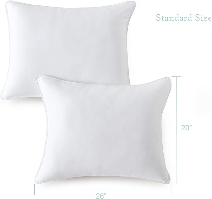 Down Alternative Bed Pillow Shams Insert for Sleeping, Standard Size 20 x 26 in Set of 2, Support Luxury Plush Dorm Pillows for Stomach, Side or Back Sleeper, 2 Pack