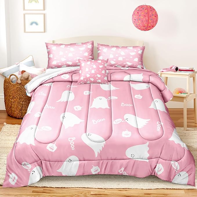 Bedbay Halloween Queen Comforter Pink Cartoon Ghost Comforter Sets for Kids Girls 4 Pcs Soft Microfiber Halloween Bedding Set Cute Halloween Room Decoration(Pink,Queen)