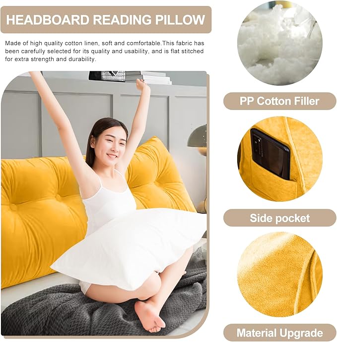 Large Triangular Headboard Pillows Long Backrest Positioning Support Bolster Cushion for Daybed Fluffy Quality Plush Body Wedge Pillow with Removable Cover(Light yellow-Queen-59x8x20in)