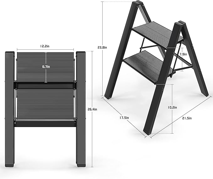 2 Step Ladder, Aluminum Folding Step Stool with Anti-Slip and Wide Pedal, for Library, Kitchen, Office, 330 lbs Capacity, Black