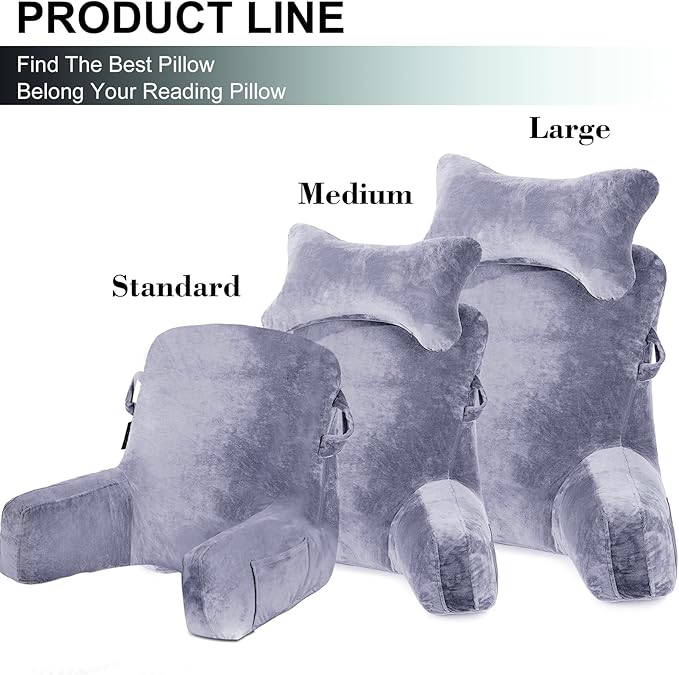SLIGUY Reading Pillow Standard Bed Pillow for Sitting in Bed Couch or Floor-Backrest with Arms Support and Pockets, Adult Back Pillow Bed Chair for Bed Rest, Reading, Watching TV,Gaming, Grey