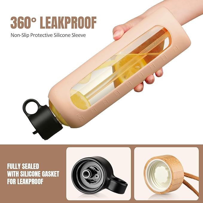 32oz Glass Water Bottle With 2 Lids-Flip Straw Lid, Bamboo Lid, Glass Water Bottle With Silicone Sleeve, Motivational Time Marker, Glass Juice Bottle for Cold Drink,Amber