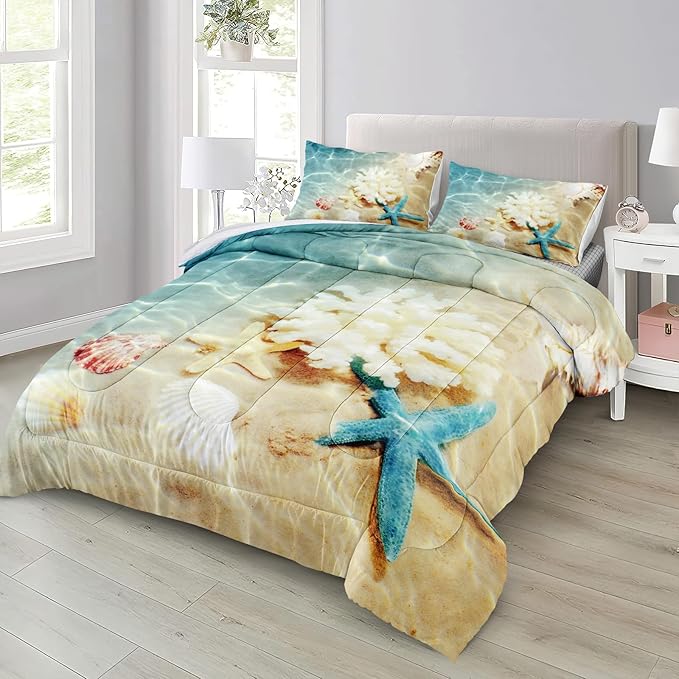 Bedbay Coastal Beach Comforter Set Queen Bedding Beach Theme Comforter Coastal Bedding Set Ocean Quilt Comforter Set Beach Decor Soft Microfiber Lightweigh Summer Comforter Set Queen (Coastal,Queen)