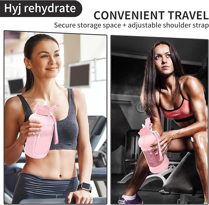 2.2L Half Gallon Water Bottle with Storage Sleeve and Covered Straw Lid -BPA Free Reusable Large Water Jug with Handle-Big Sports Water Bottle 2.2 Liter (74 Ounce),pink