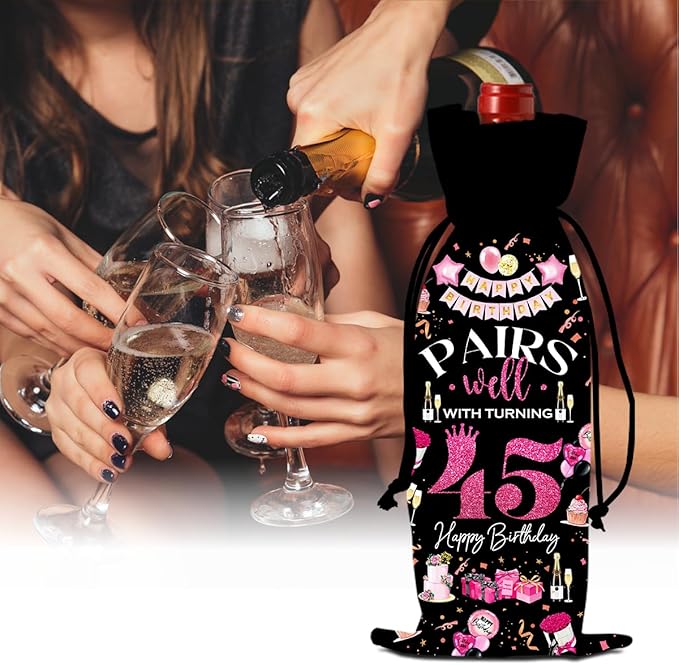 45th Birthday Gifts for Women Men Wine Bag, 45 Year Old Birthday Gifts for Men, Happy 45th Birthday Party Decorations for Women Men, Pairs Well with Turning 45 Wine Bottle Bags (Black Pink)