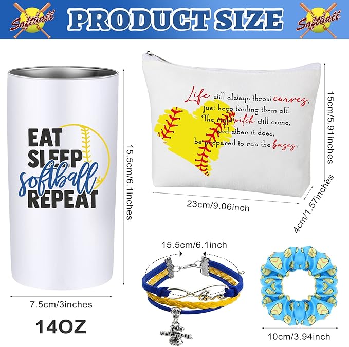 4 Pieces Sports Gifts Set - Hair Scrunchies, Elastic Hair Bands, Ball Charm Bracelet, Zipper Pouch, and Tumbler for Women