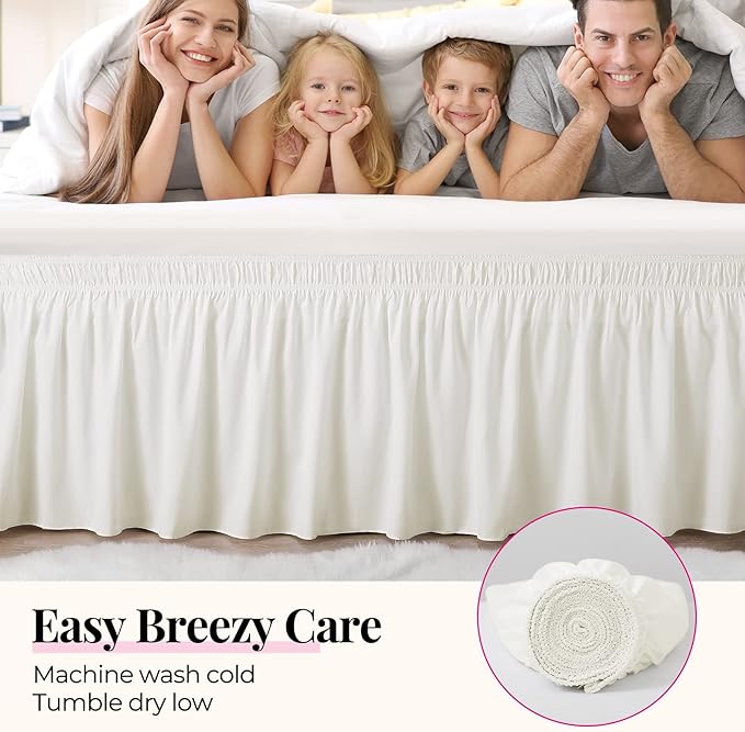 RIMELA Ivory Bed Skirt Queen Size 12 Inch Drop, Wrap Around Elastic Adjustable Bedskirt, Bed skirting Dust Ruffle for Bed Frame & Box Spring Soft Durable Fabric Machine Washable Easy to Install