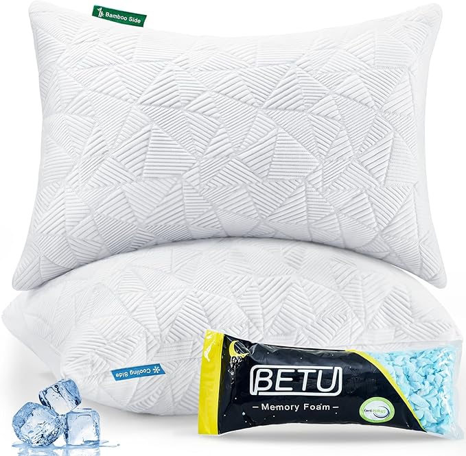 BETU Cooling Pillows Queen Size Set of 2, Shredded Memory Foam Cool Pillows for Hot Sleepers, Adjustable Firm Soft Support Bed Pillows Perfect for Back Neck Pain and Side Sleeping with Cover, White