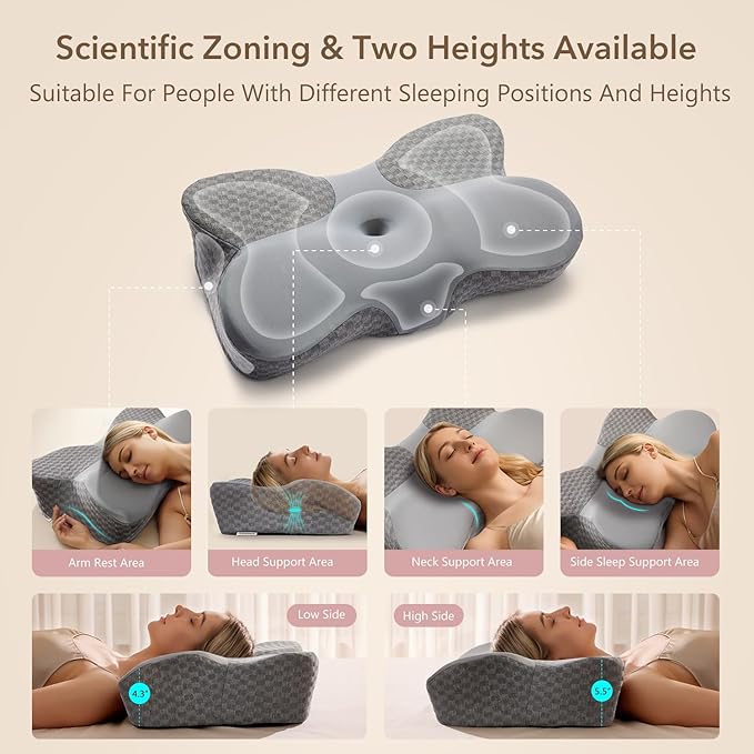 Cervical Pillow for Neck Pain Relief, Contour Memory Foam Neck Pillow for Bed Sleeping, Adjustable Height Double - Sided Cervical Neck Pillow for Side, Back and Stomach Sleepers