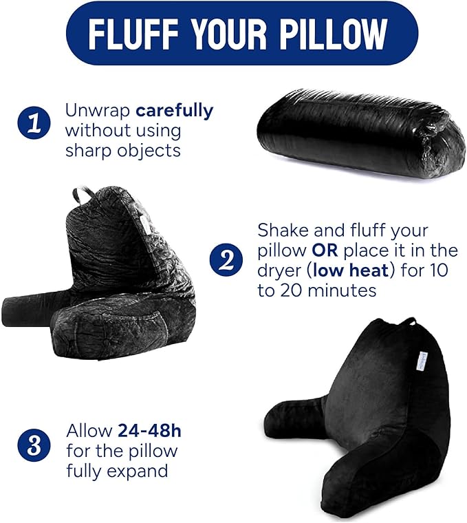 ComfortSpa Reading Pillow for Bed Adult Size, Back Rest Pillow with Arms, Pockets and Washable Cover; Use as Bed Pillows for Sitting Up in Bed for Bedrest or Relief from GERD Heartburn (X-Large Black)