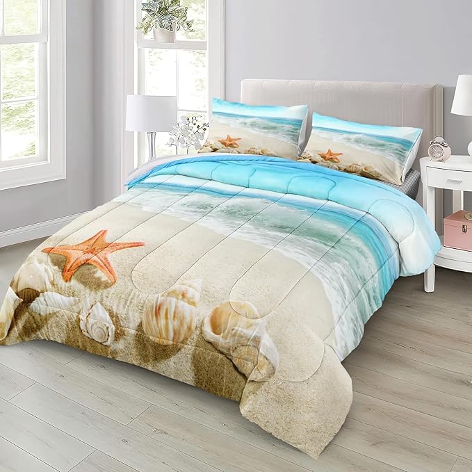 Bedbay Beach Bedding California King Coastal Comforter Set Boys Girls Beach Theme Room Decor Starfish Seashore Beach Quilt Set 4 Pcs Beachy Duvet Insert Down Comforter for All Seasons(104" Wx96 L)