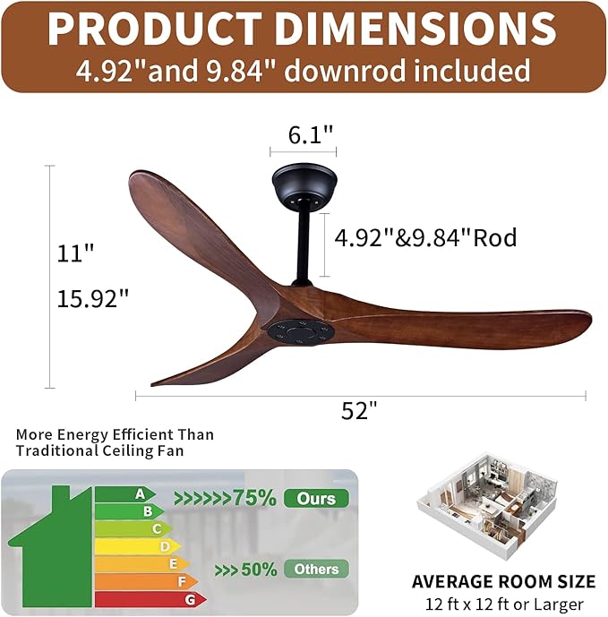 Bigzone 52" Outdoor/Indoor Ceiling Fans Without Lights, Energy Efficient DC Motor, 3 Balsa Wood Blades Ceiling Fan, Wood Ceiling Fan With Remote Control