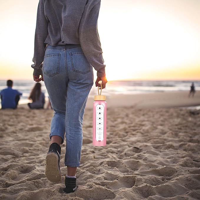 32 Oz Borosilicate Glass Water Bottle with Times to Drink | BPA Free - Reusable Wide Mouth Glass Motivational Water Bottles with Infuser & Silicone Sleeve (pink)