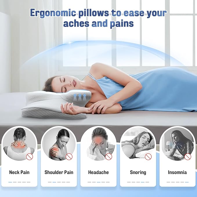 Ergonomic Pillow Side Sleeper-Satisure Cervical Pillow for Neck Pain Relief Memory Foam Pillows, Cooling Pillow for sleeping Orthopedic Bed Pillow for Side Back Stomach Sleepers with Washable Ice Silk