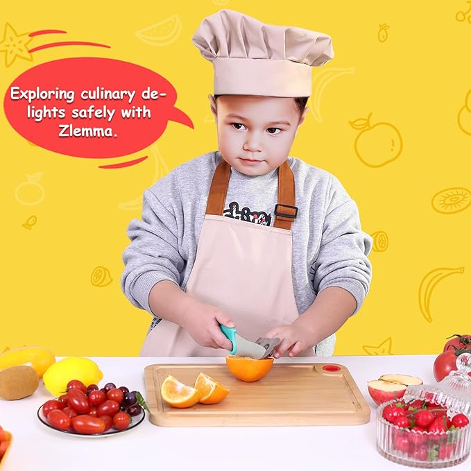 Kids Knife Set for Real Cooking with Educational Ring & Adjustable Apron & Chef Hat- Children Training Knife with Educational Ring-Blue