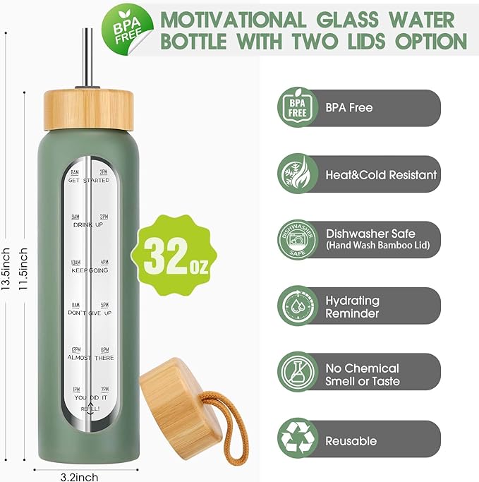 32 oz Glass Water Bottles with Straw - Motivational Bottle with Time Marker & Silicone Sleeve - Reusable Tumbler Includes 2 Bamboo Lids & Fruit Infuser - 1 Pack