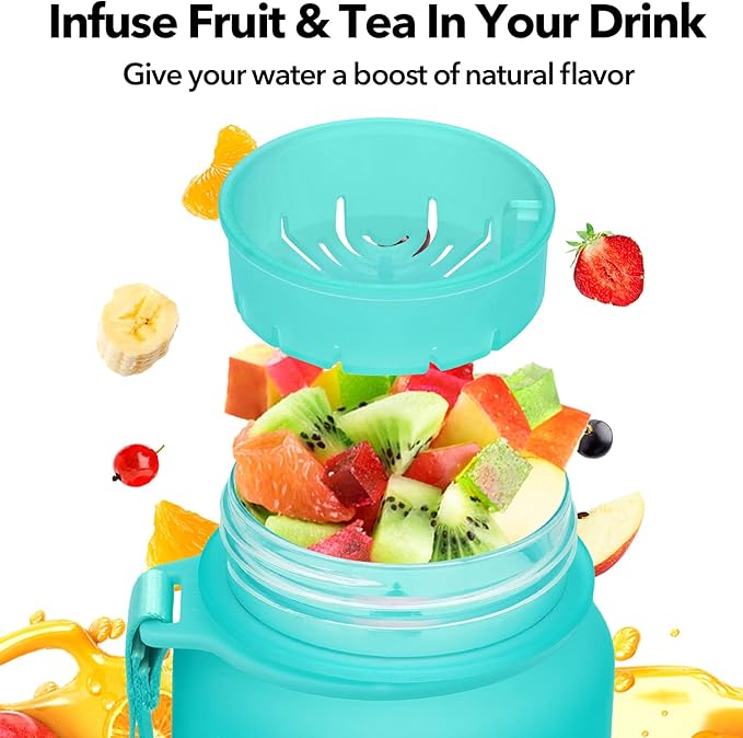 32oz/26oz Motivational Water Bottle with Time Marker & Fruit Strainer, Leak-proof BPA Free Non-Toxic 1l Bottle with Carrying Strap, Perfect for Fitness, Gym and Outdoor Sports, Plastic