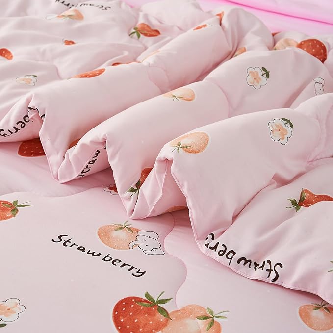 Wajade Girls Strawberry Comforter Set Bed in A Bag Twin Size 7 Piece Pink 3D Cute Strawberry Fruit Bedding Set for Kids (1 Comforter, 1 Flat Sheet, 1 Fitted Sheet, 2 Pillowcase and 2 Pillow Sham)