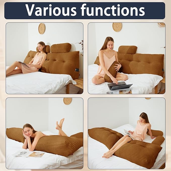 Headboard Wedge Pillow with 2 Pack Neck Roll Pillow Large Headboard Pillow Soft and Supportive Bed Rest Reading Pillows for Sitting in Bed with Removable Cover (Brown, King：76x8x20 Inches)