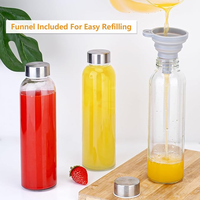 Glass Juice Bottles with Lids for Juicing 18 oz, Reusable Clear Glass Water Bottles with Stainless Steel Airtight Cap for Refrigerator, 100% Leak Proof, BPA Free, Set of 3